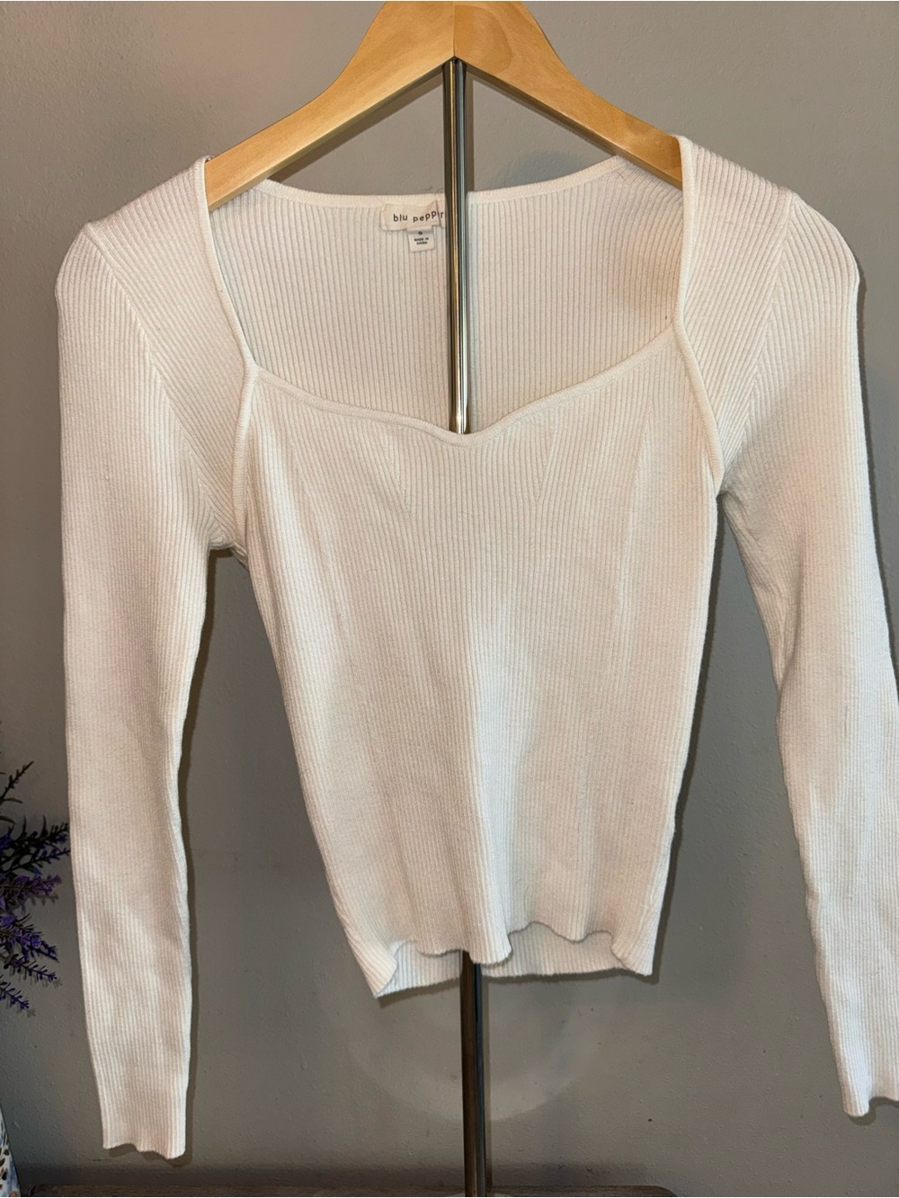 Blu Pepper White Ribbed Square-Neck Long Sleeve Top
